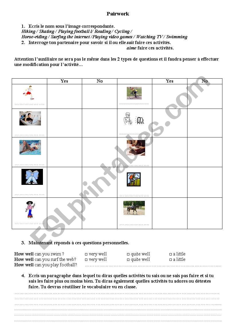 Activities- Pairwork worksheet