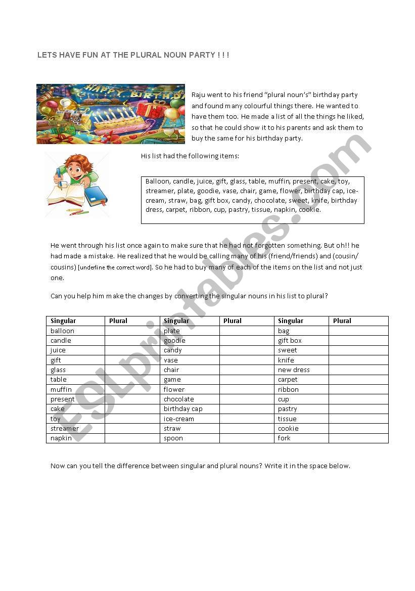 plural noun party worksheet