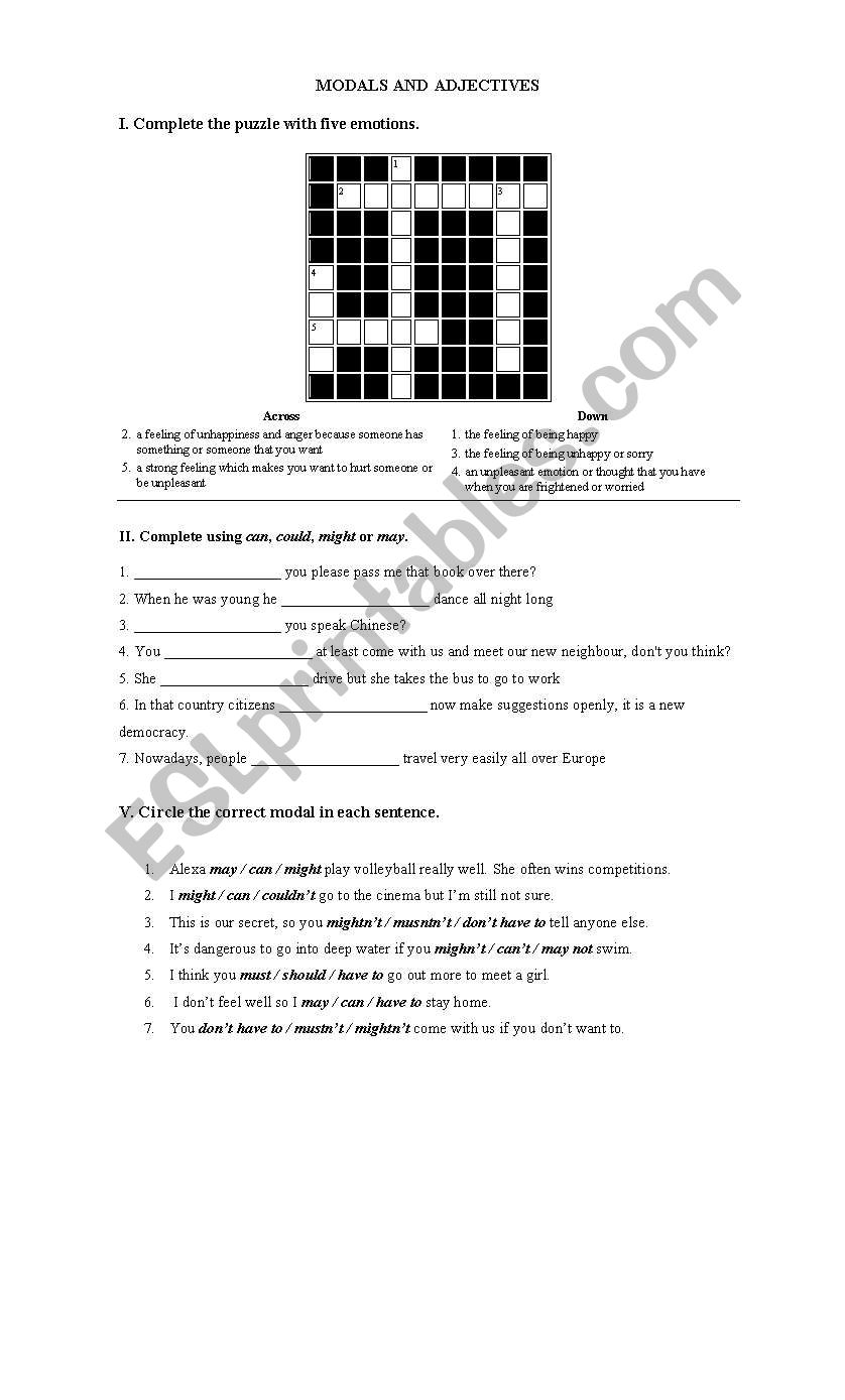 MODAL VERBS AND ADJECTIVES  worksheet