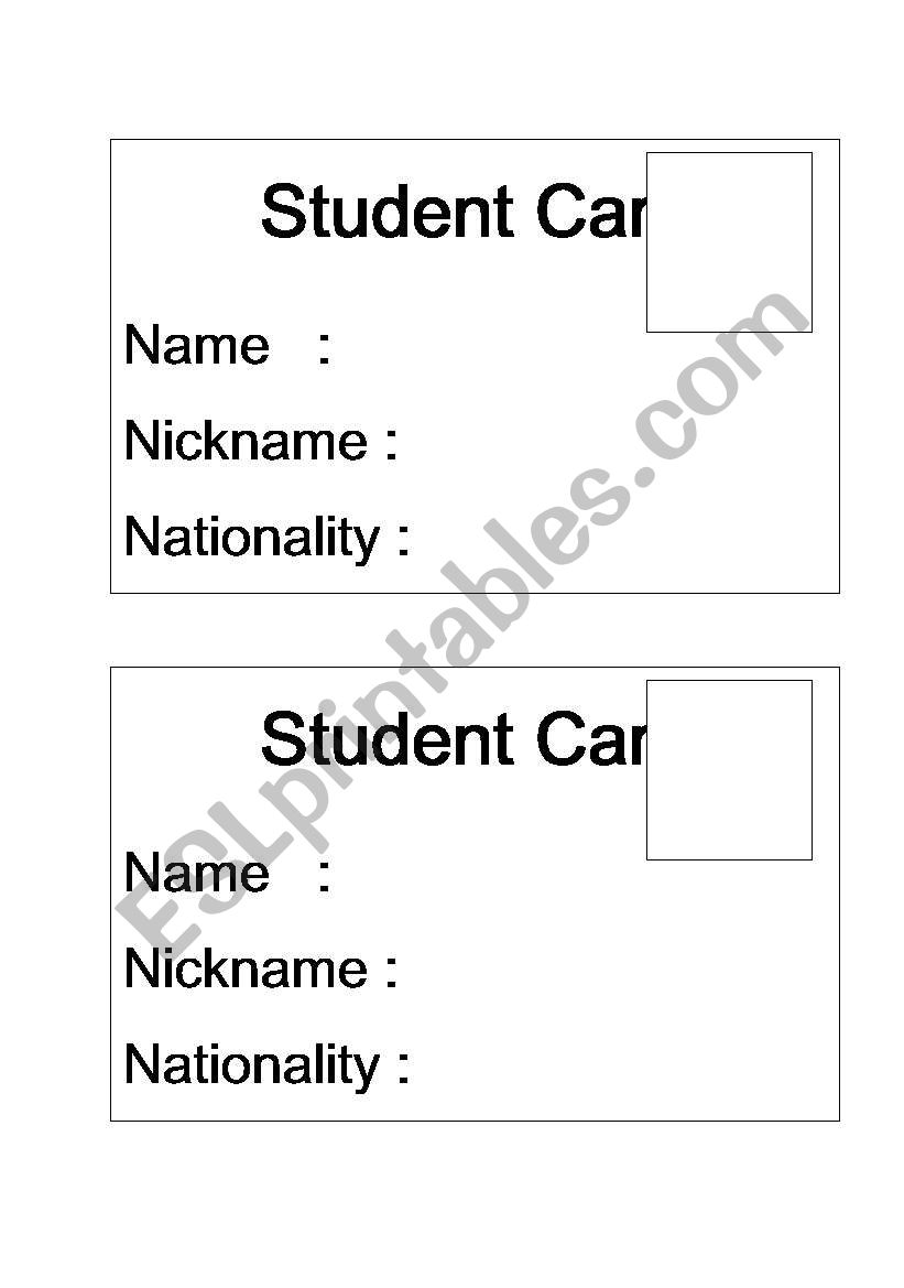 student card worksheet