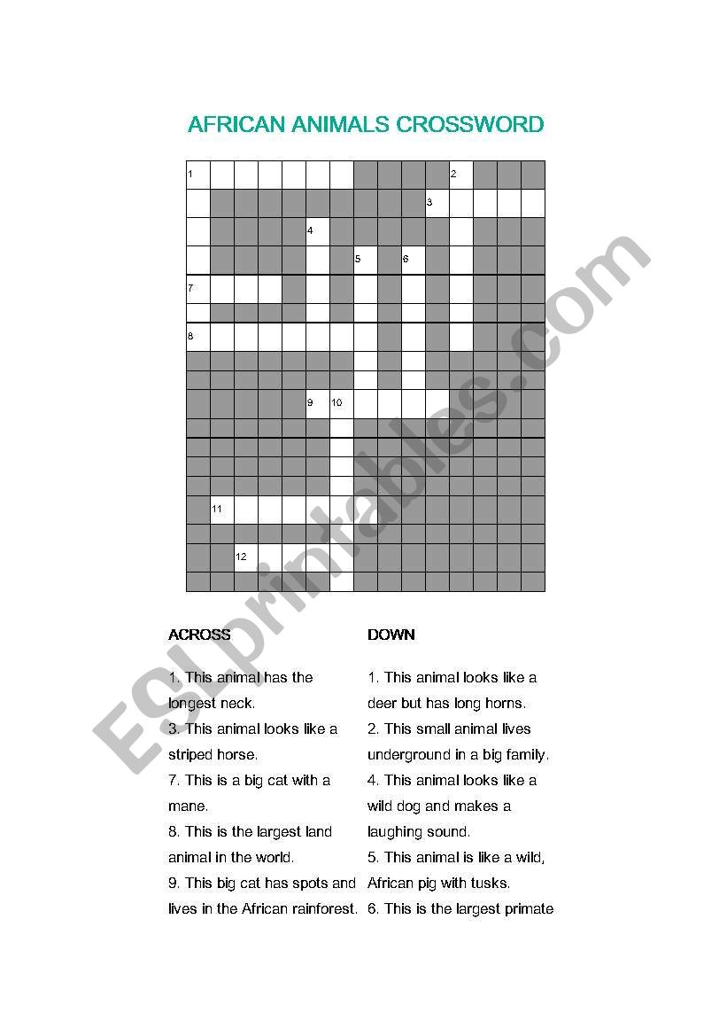 African Aminals Crossword worksheet