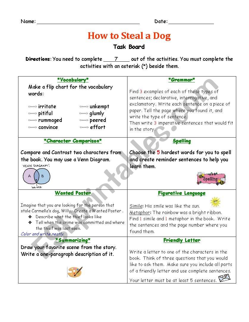 How to Steal a Dog Task board worksheet