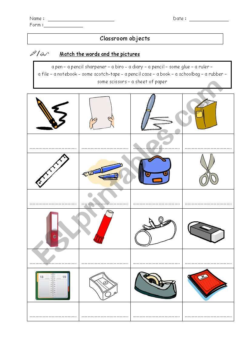 Classroom objects worksheet