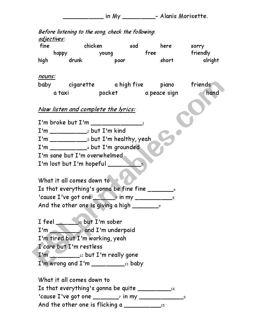 Hand in my Pocket worksheet