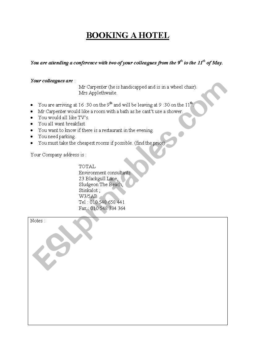 booking a hotel worksheet