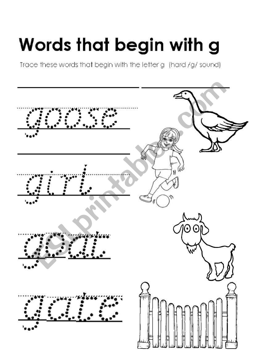 Words that start with G worksheet