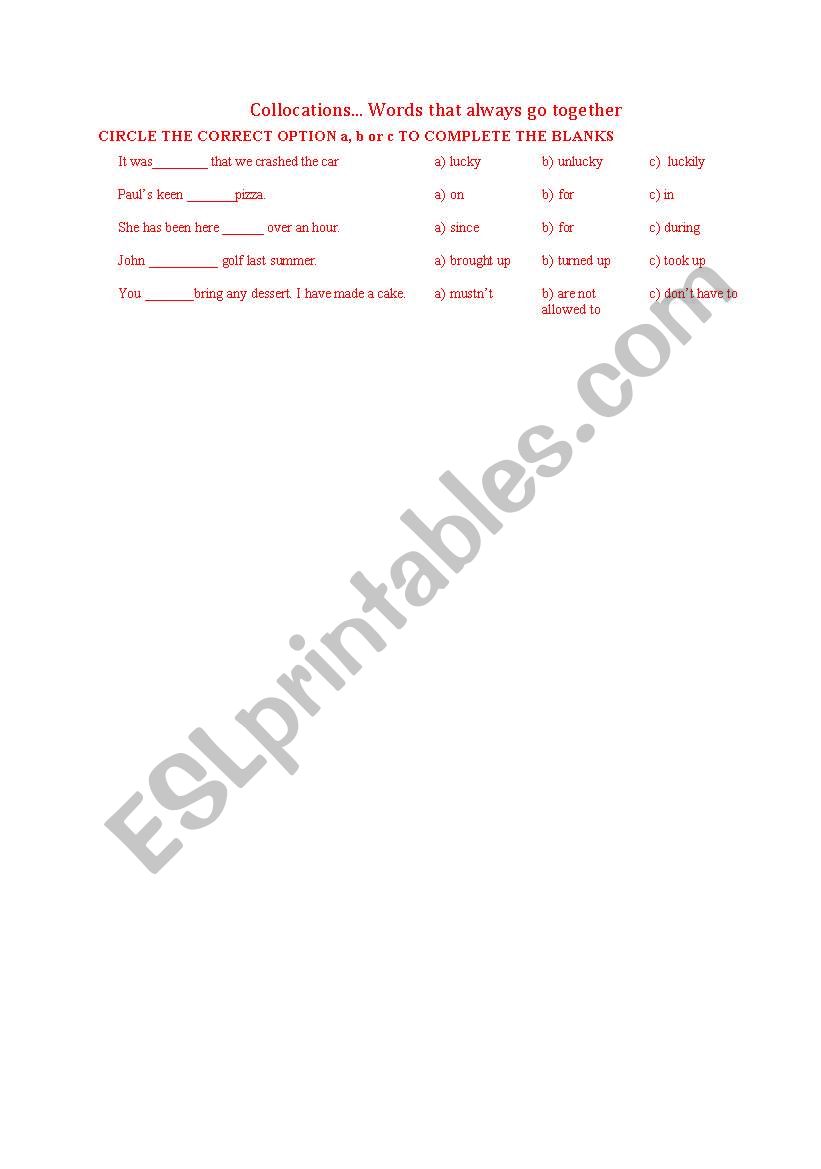collocations worksheet