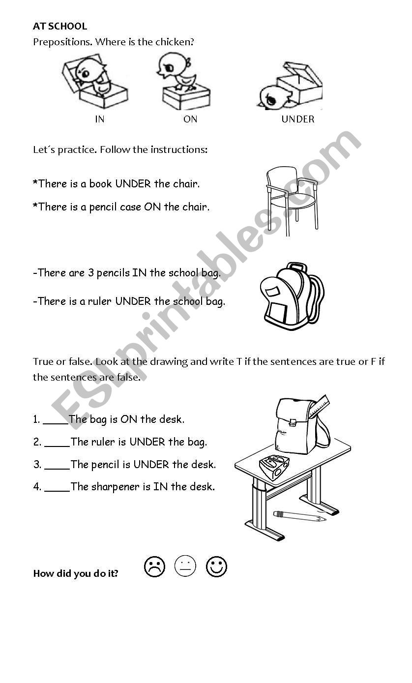 school objects and prepositions of place