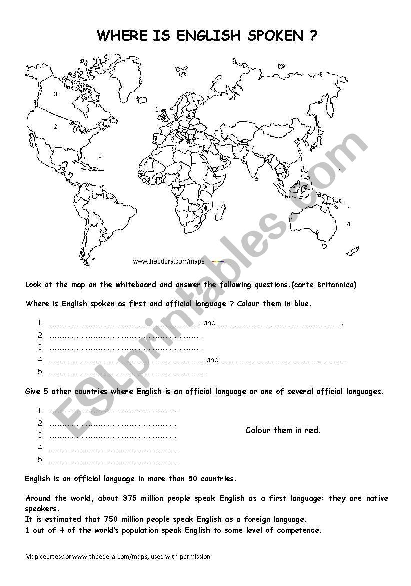 Where is English spoken? worksheet