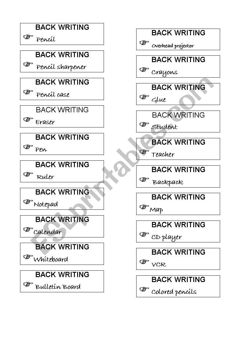 Back Writing - School Objects worksheet
