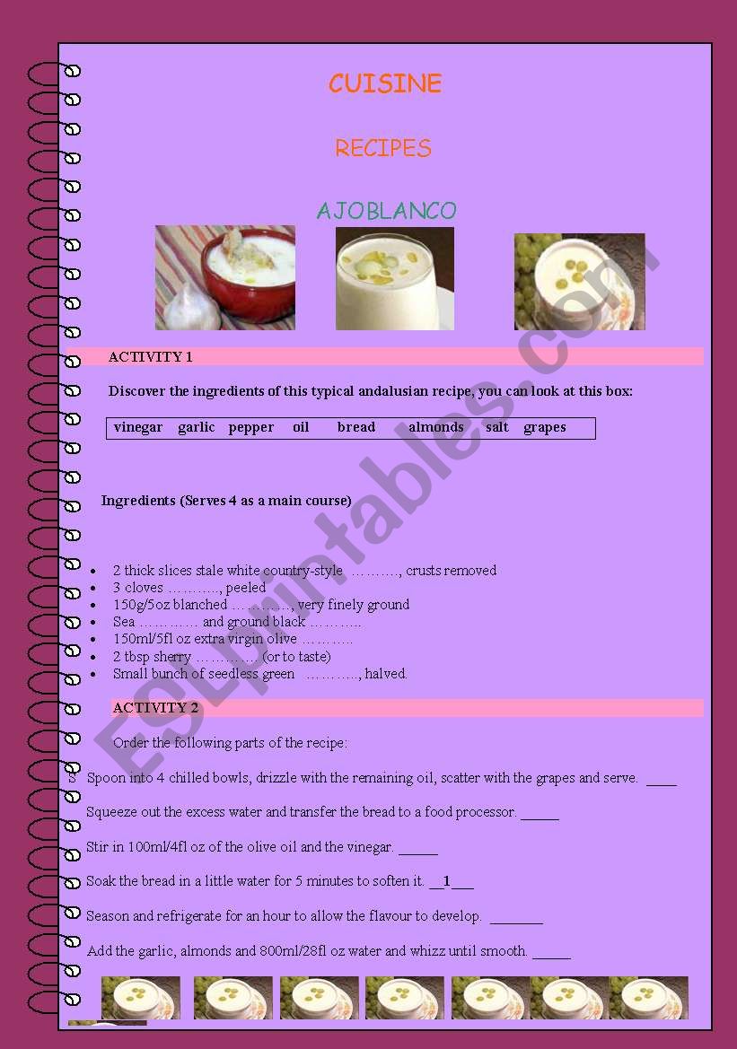 cuisine recipes (ajoblanco) worksheet