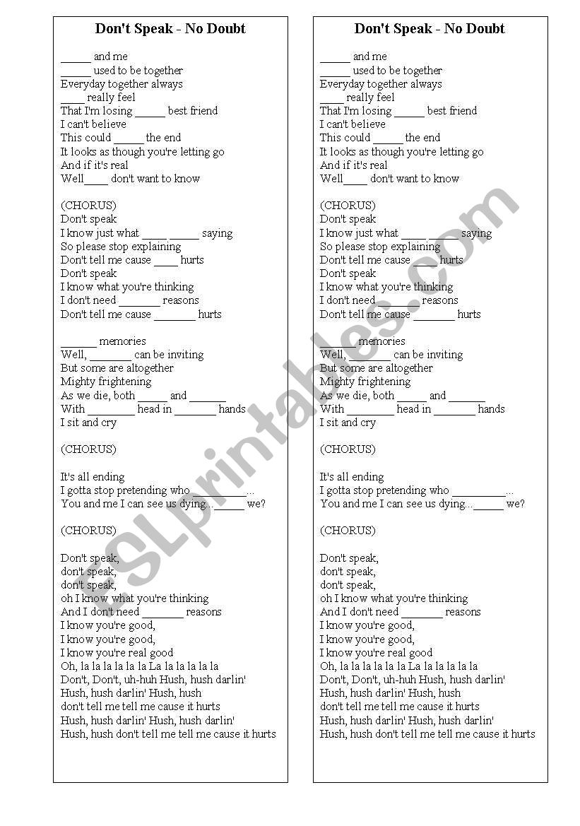 Dont Speak (by No Doubt) worksheet