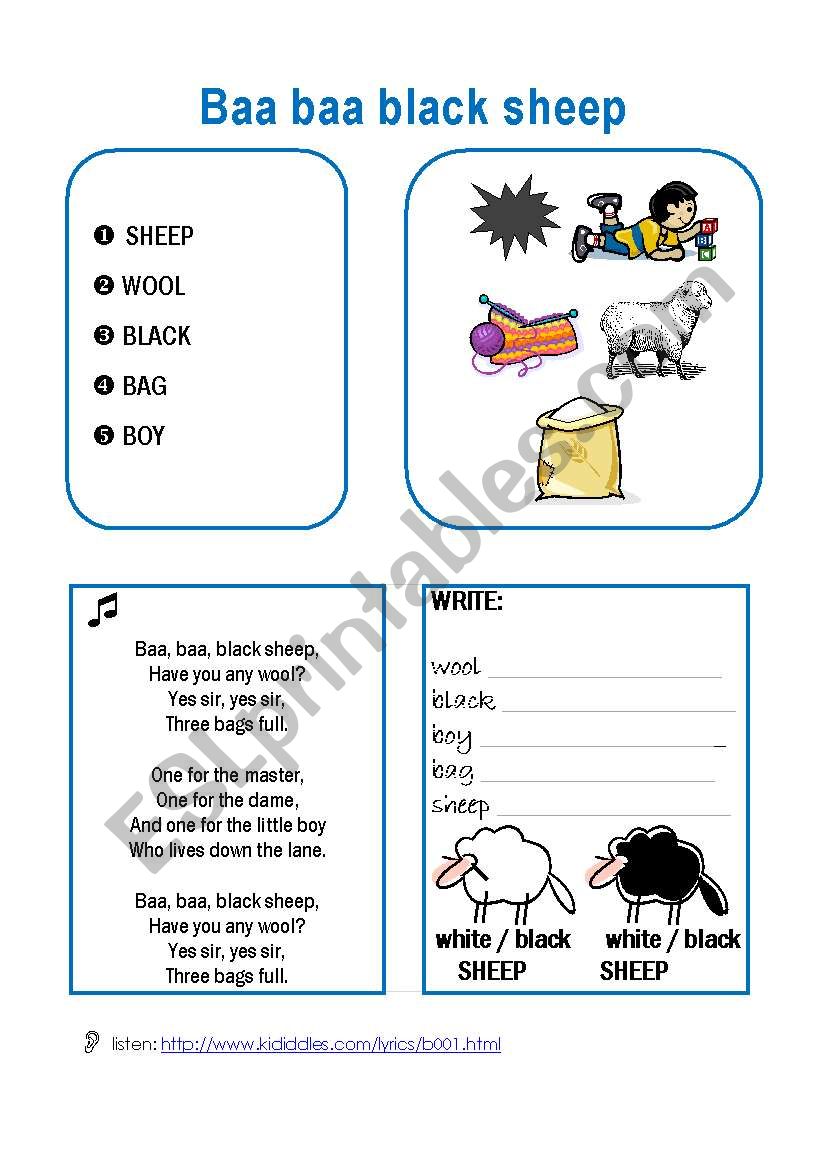 BAA ACK SHEEP song worksheet