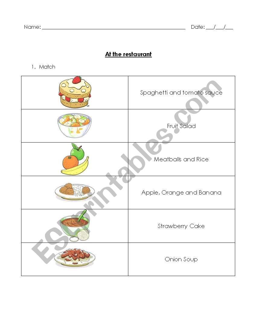 At the restaurant worksheet