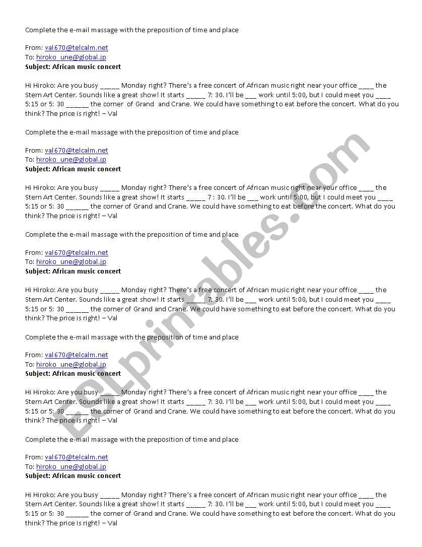 prepostion of place and time  worksheet