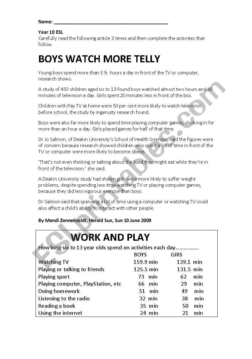 Boys Watch More Telly worksheet
