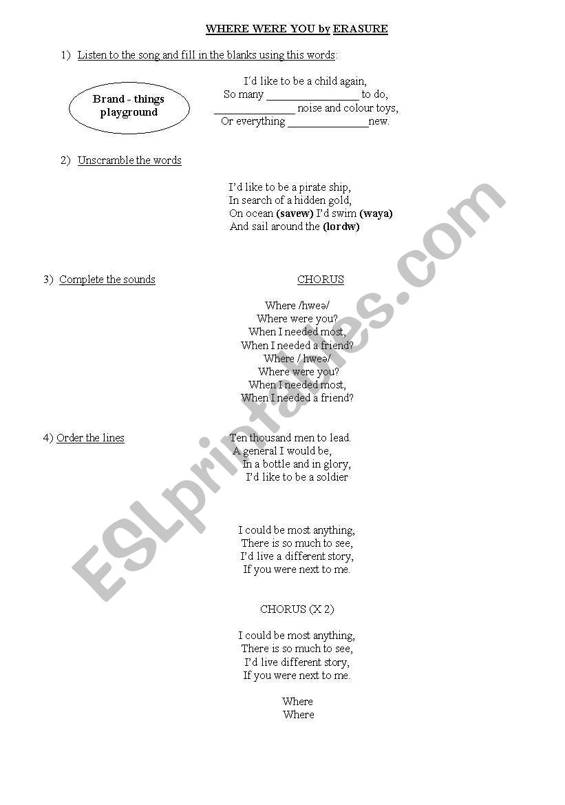  a song by ERASURE worksheet