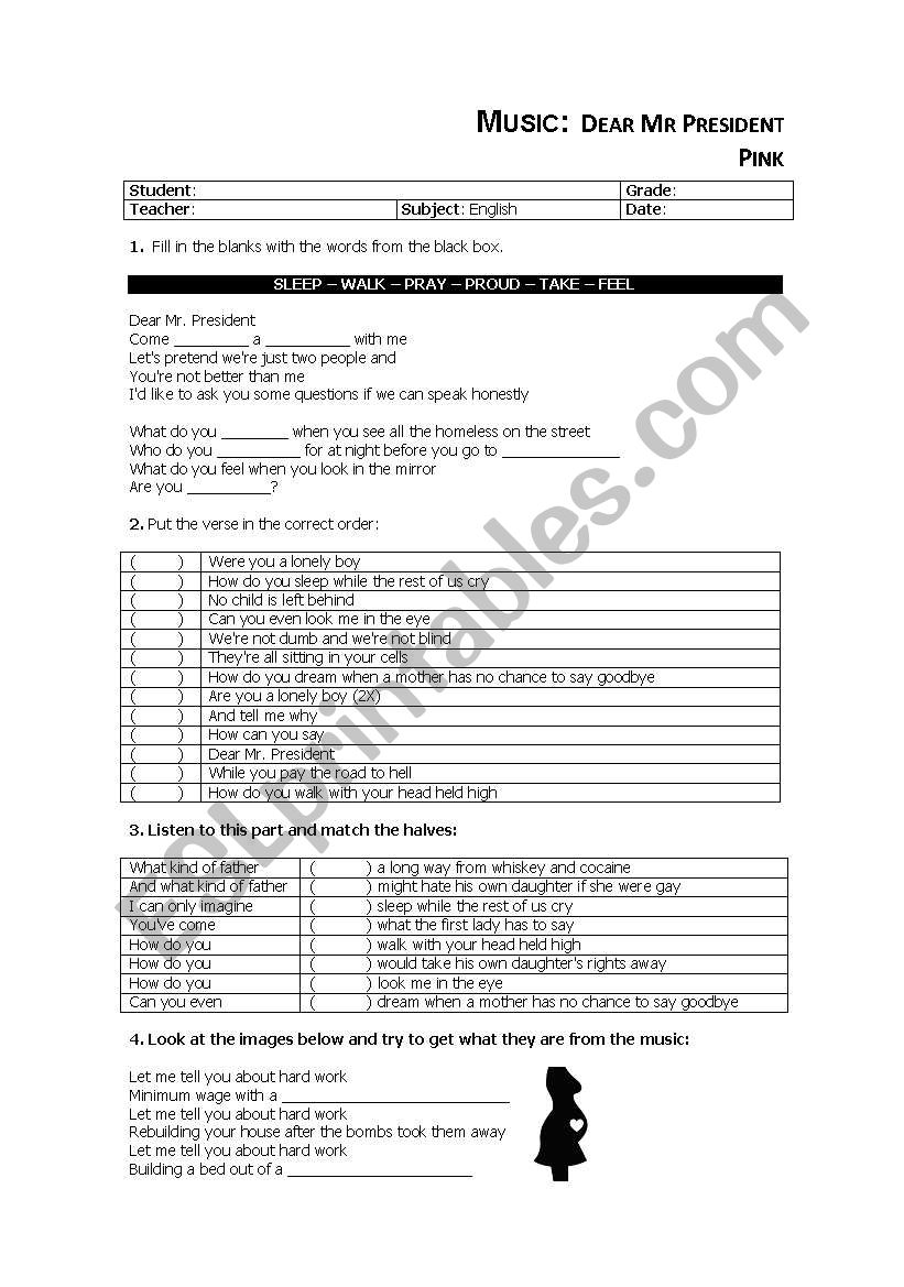 Music Worksheet - Dear Mr President - Pink
