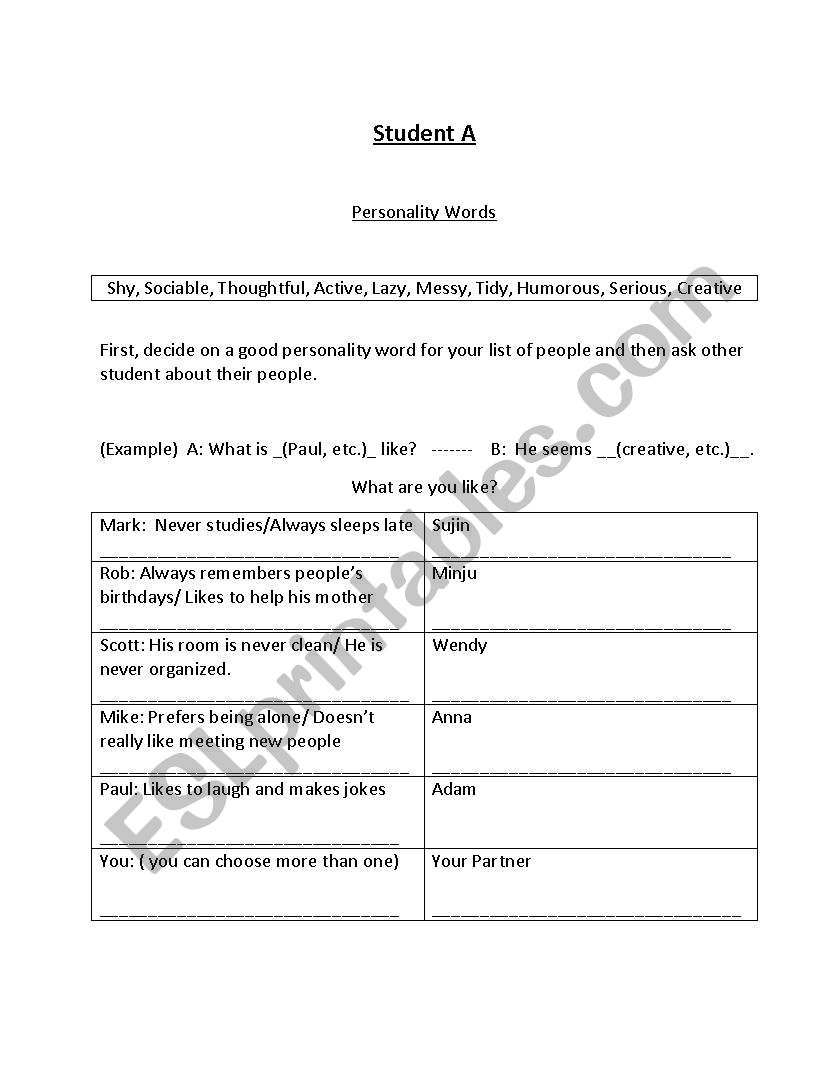 Personality Words: Student A worksheet