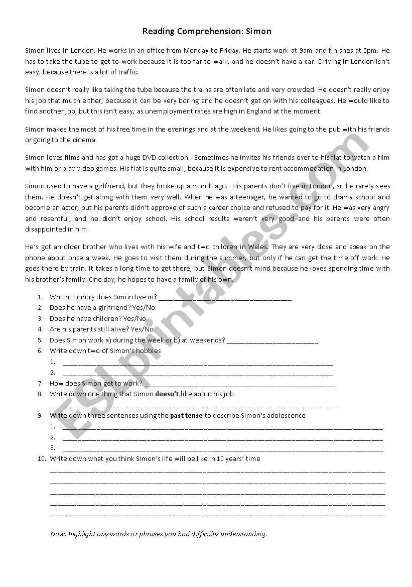 Reading Comprehension: Simon worksheet