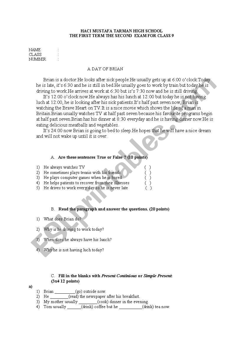 exam paper worksheet