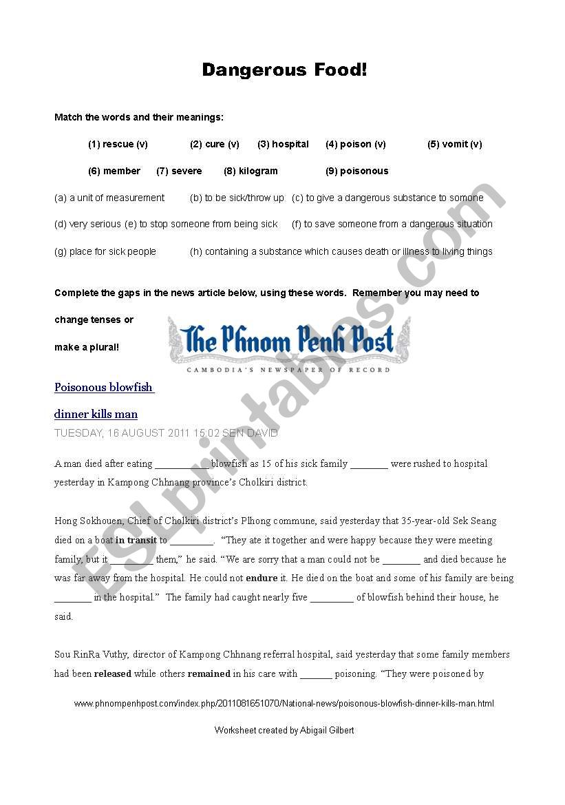 Dangerous Food News Article worksheet