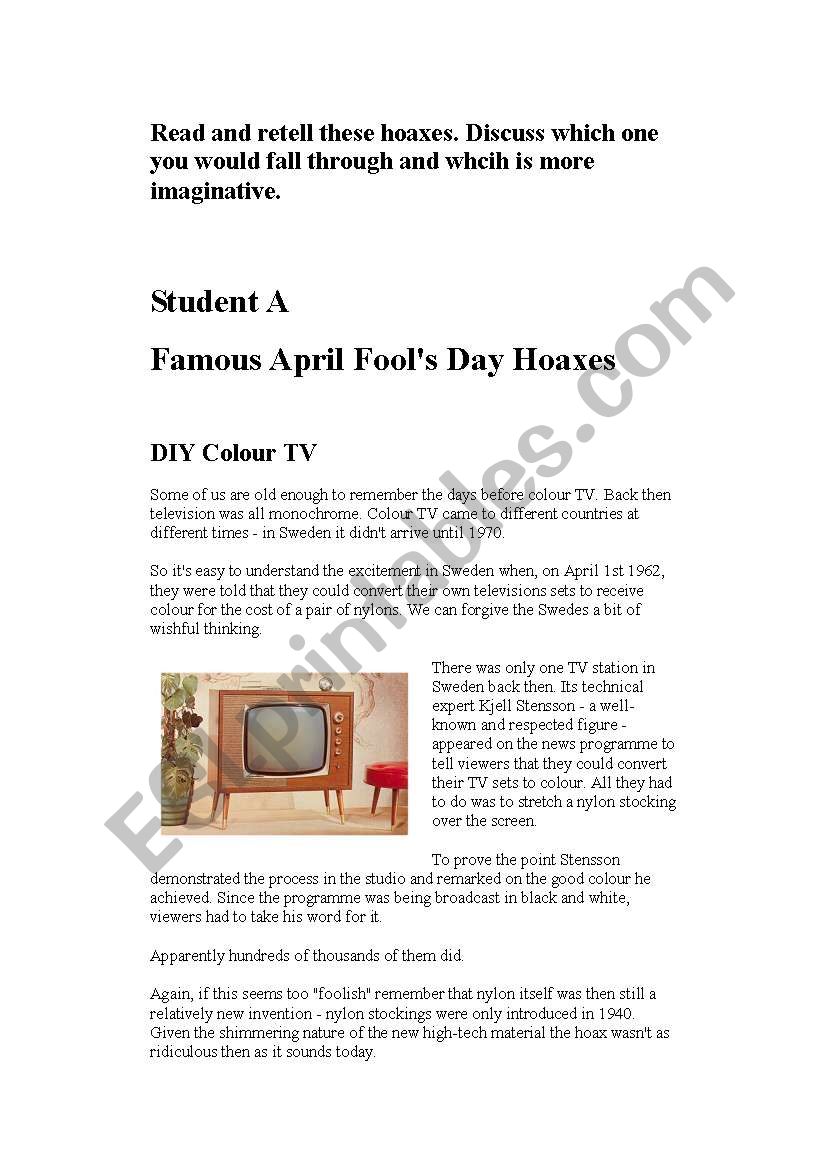 April FoolsDay Hoaxes worksheet