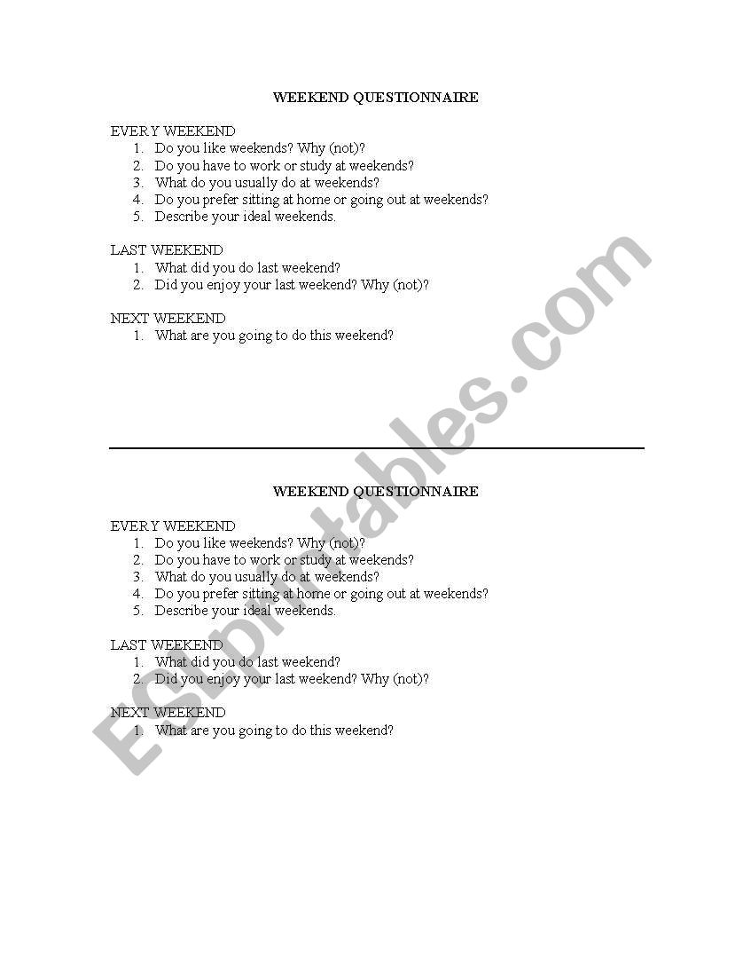 Weekend questionaire worksheet