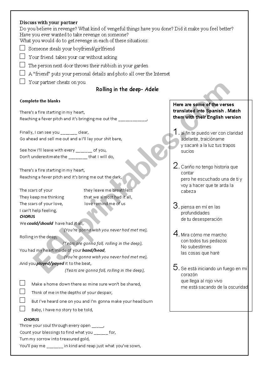 Rolling in the deep Adele worksheet