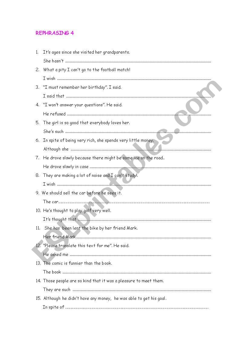 REPHRASING 4c worksheet