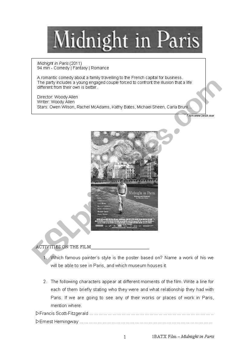 Midnight in Paris worksheet worksheet