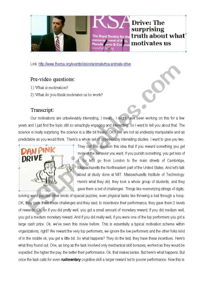 Drive: the surprising truth of what motivates us - ESL worksheet by  MissBlanche