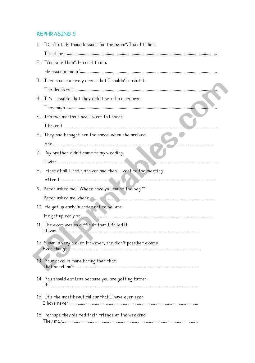 REPHRASING 5d worksheet