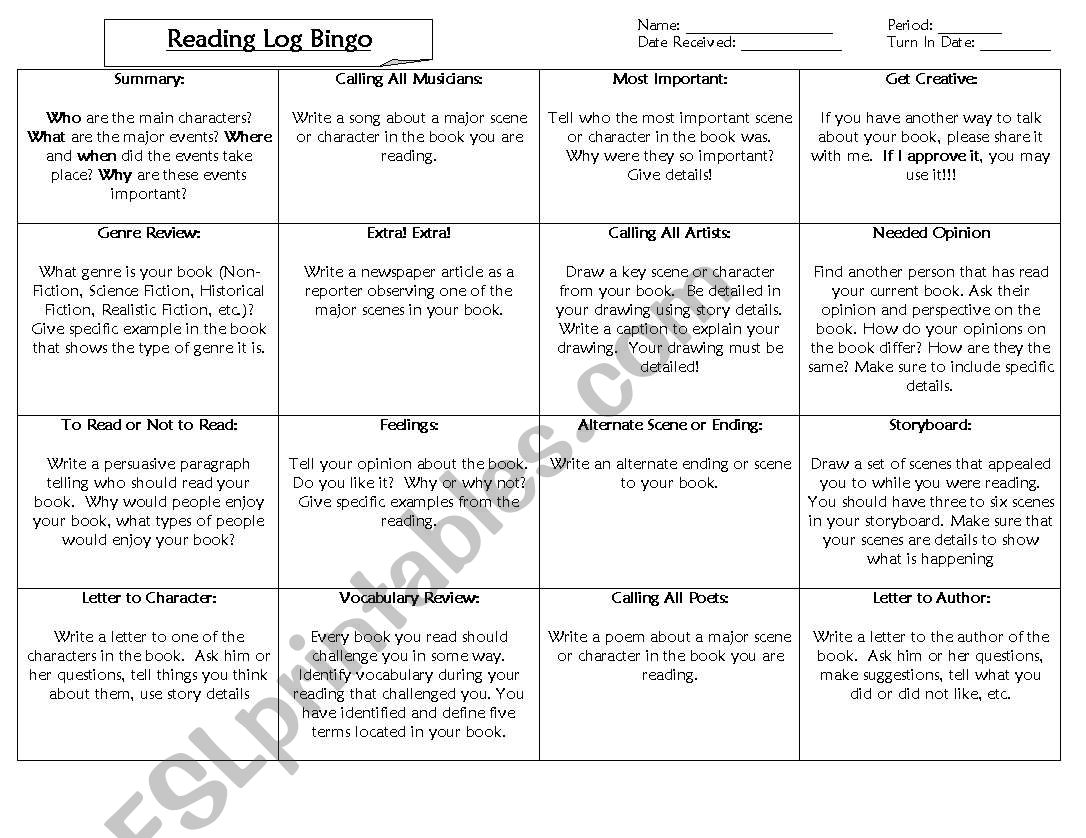 Reading Log Bingo worksheet