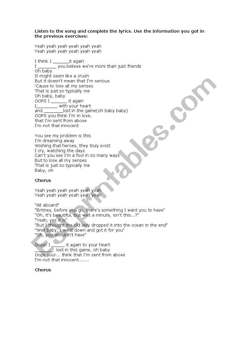 Oops I Did It Again Paroles English worksheets: Britney Spears - Oops I did it again