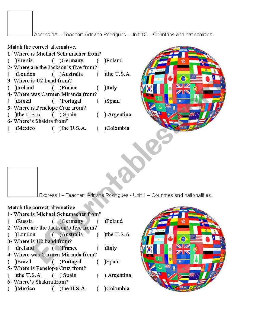 countries quizz worksheet