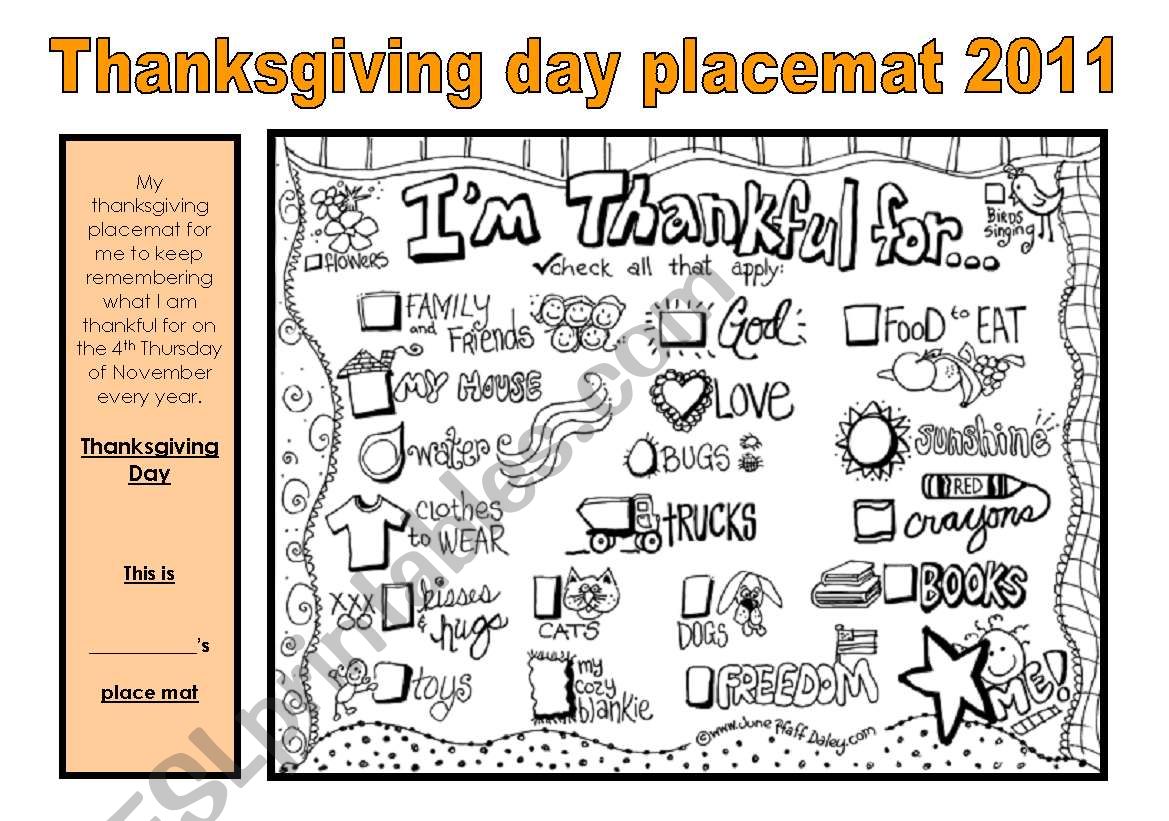 Thanksgiving day placemat worksheet