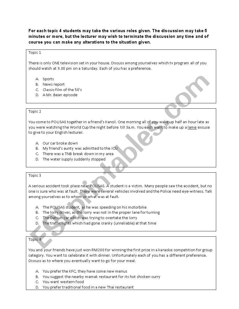 free topics for discussions worksheet