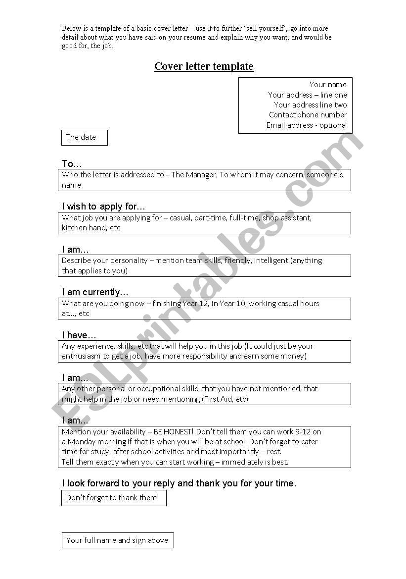 Cover Letter Template worksheet