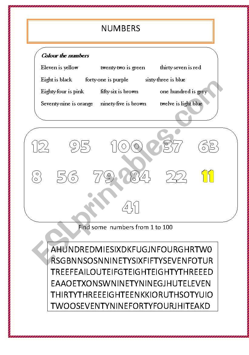 numbers 1-100 and colours worksheet