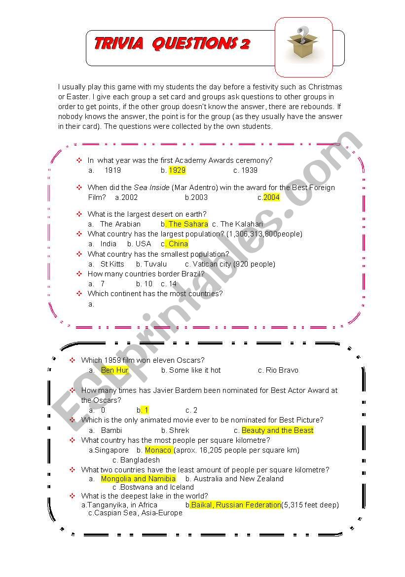 trivia questions 2 worksheet