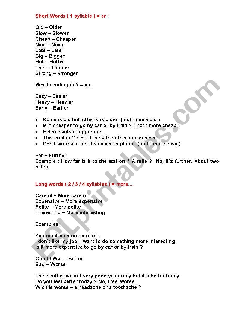 Comparative worksheet