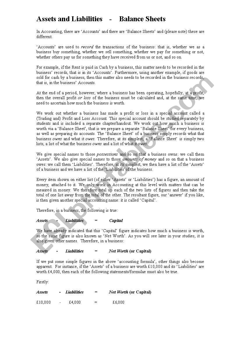 Asset and Liablities worksheet