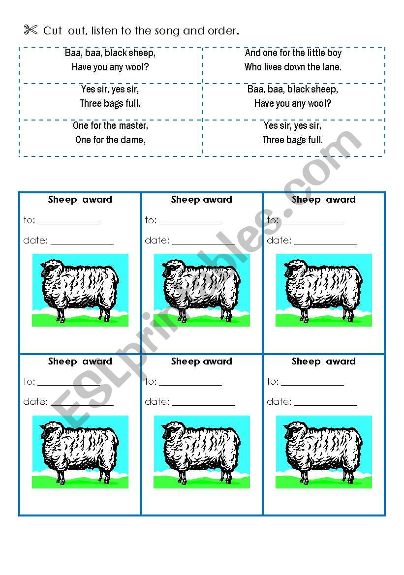 SOng: Baa baa black sheep 3 - activity cards, award cards