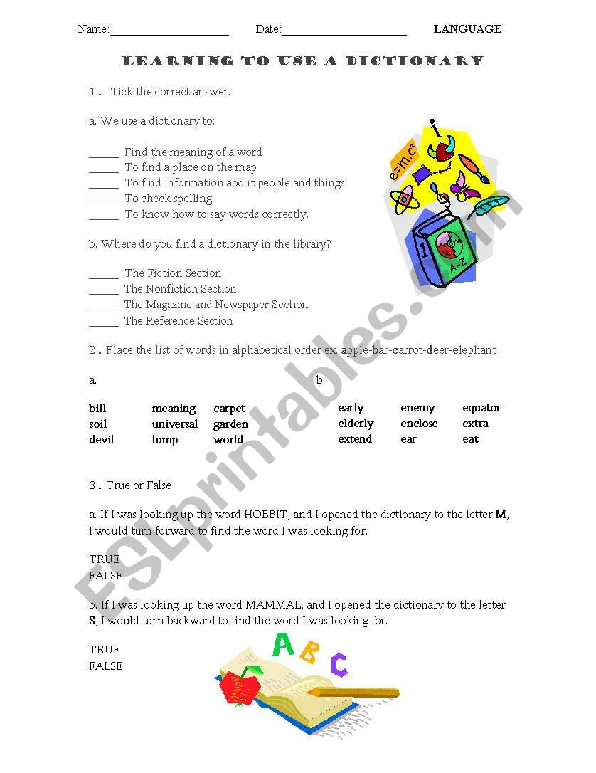 Dictionary Use worksheet