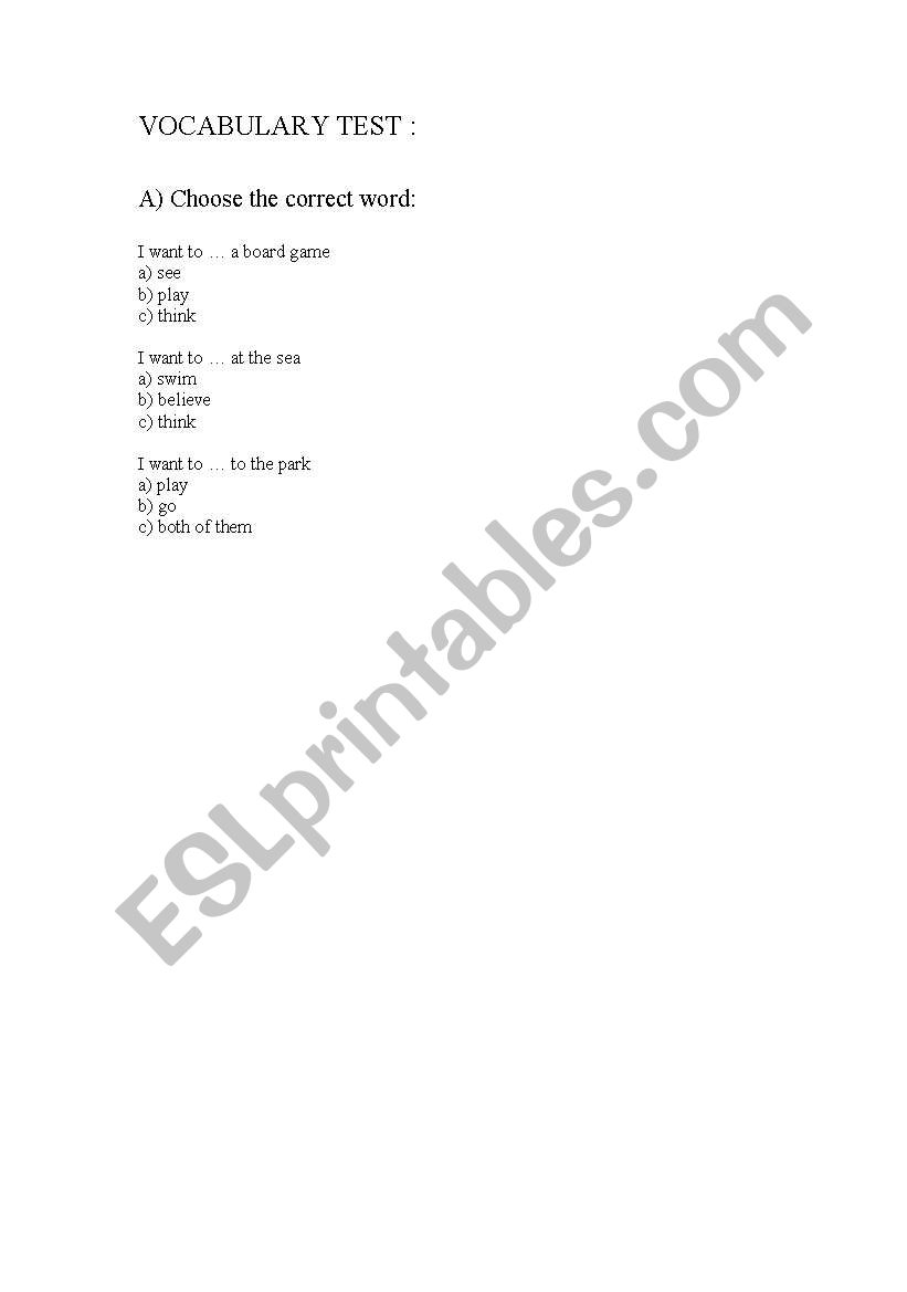 Vocabulary test worksheet