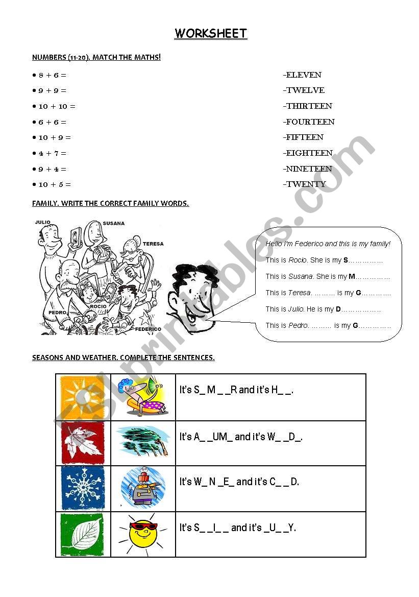 numbers, seasons, family worksheet