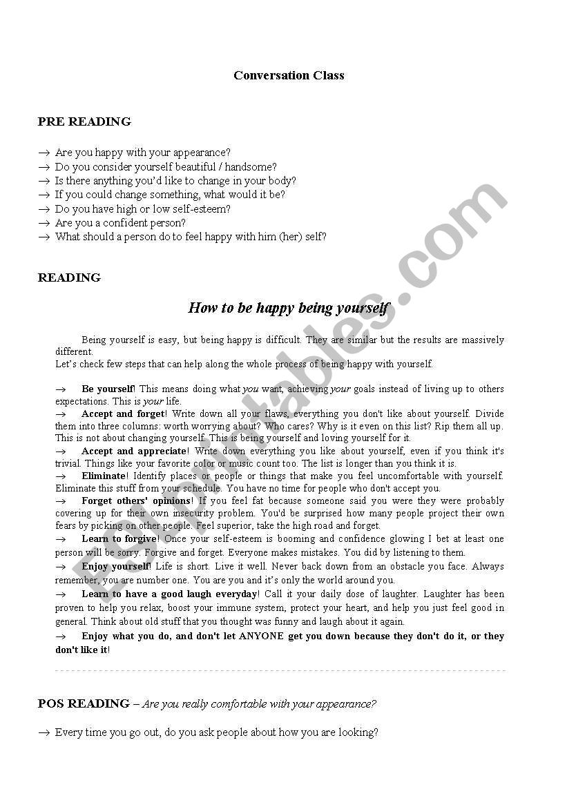 Are you happy being yourself worksheet