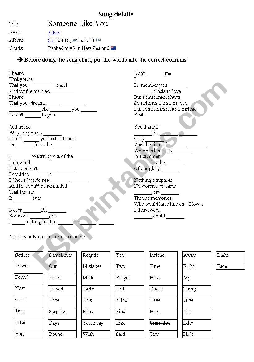 Someone Like You worksheet