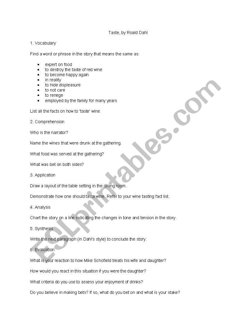 Taste  worksheet